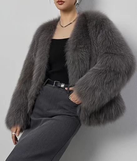 Women’s Faux Fur V - Neck Jacket – Short Fluffy Plush Coat, Fashion Fox Fur Style, Elegant Autumn Winter Outerwear - Negative Apparel