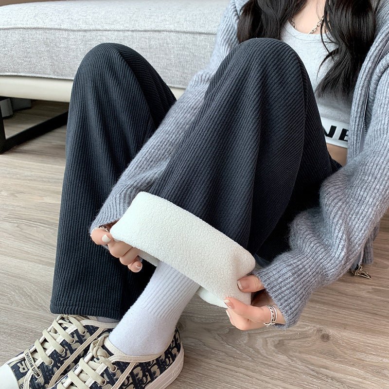 Women’s Fleece Corduroy Wide - Leg Pants – High - Waist Loose Straight Drape Trousers, Warm Winter Casual Floor - Mopping Pants - Negative Apparel