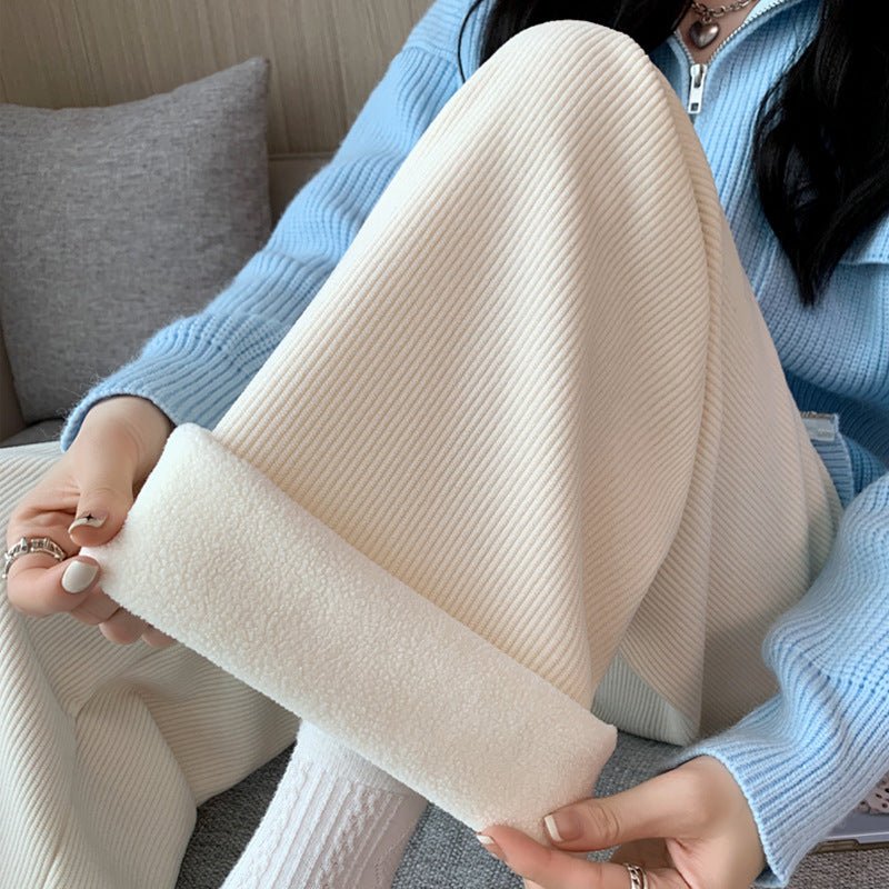Women’s Fleece Corduroy Wide - Leg Pants – High - Waist Loose Straight Drape Trousers, Warm Winter Casual Floor - Mopping Pants - Negative Apparel