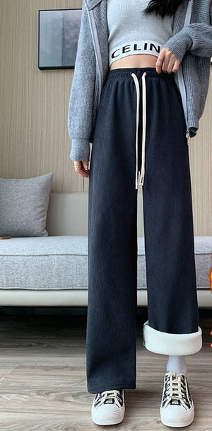 Women’s Fleece Corduroy Wide - Leg Pants – High - Waist Loose Straight Drape Trousers, Warm Winter Casual Floor - Mopping Pants - Negative Apparel
