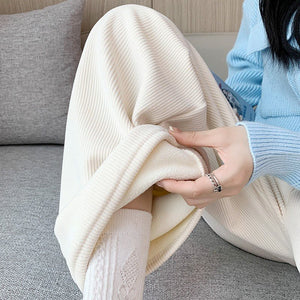 Women’s Fleece Corduroy Wide - Leg Pants – High - Waist Loose Straight Drape Trousers, Warm Winter Casual Floor - Mopping Pants - Negative Apparel