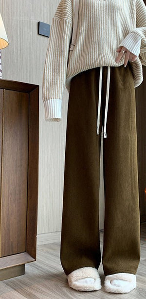 Women’s Fleece Corduroy Wide - Leg Pants – High - Waist Loose Straight Drape Trousers, Warm Winter Casual Floor - Mopping Pants - Negative Apparel