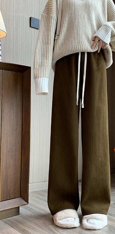 Women’s Fleece Corduroy Wide - Leg Pants – High - Waist Loose Straight Drape Trousers, Warm Winter Casual Floor - Mopping Pants - Negative Apparel
