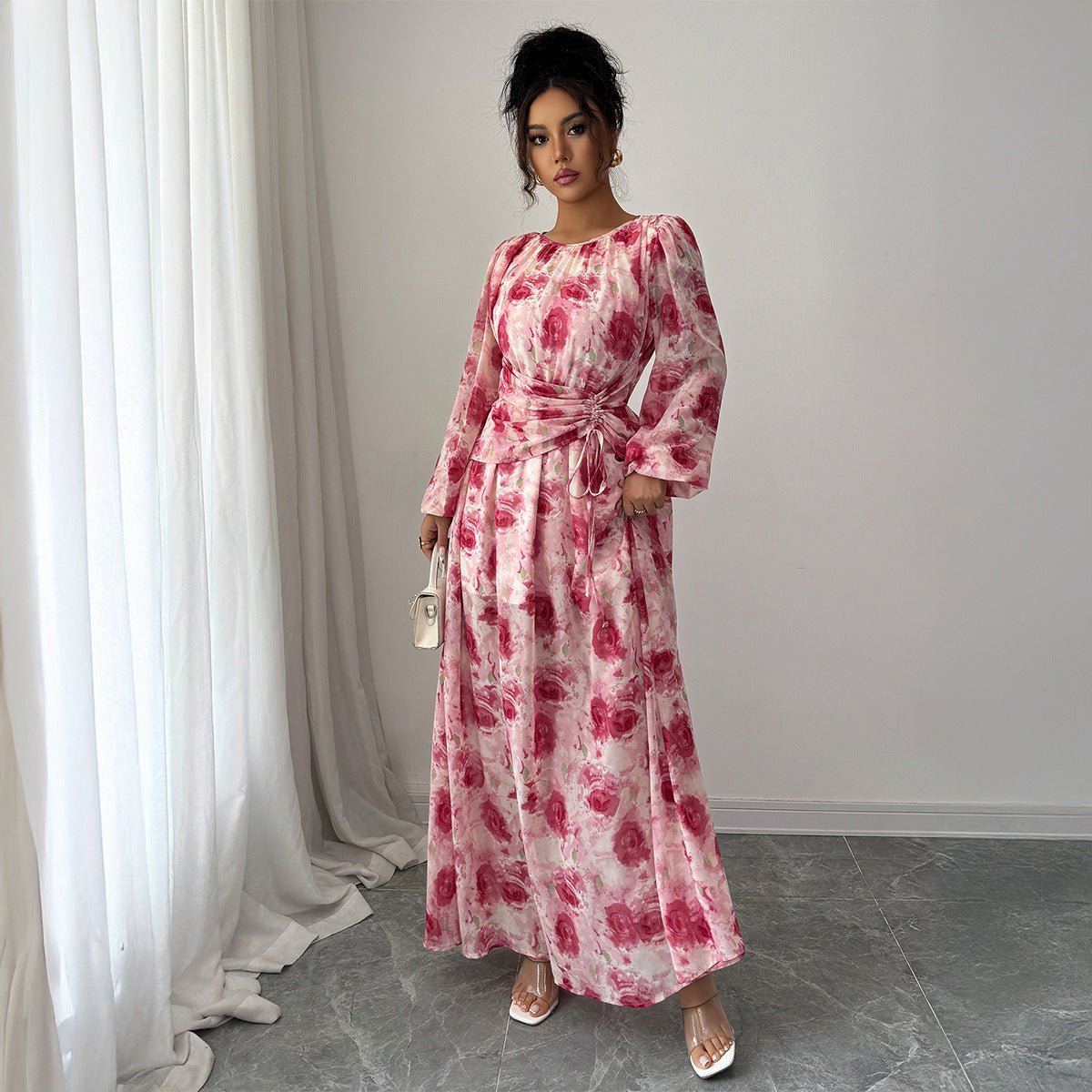 Women’s Floral A - Line Long Dress | Adjustable Waist & Bubble Sleeves – Autumn 2025 Collection - Negative Apparel