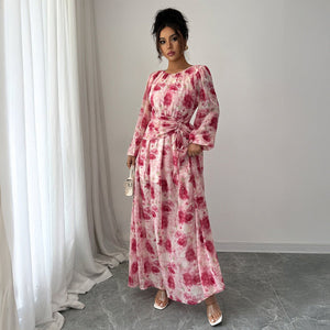 Women’s Floral A - Line Long Dress | Adjustable Waist & Bubble Sleeves – Autumn 2025 Collection - Negative Apparel
