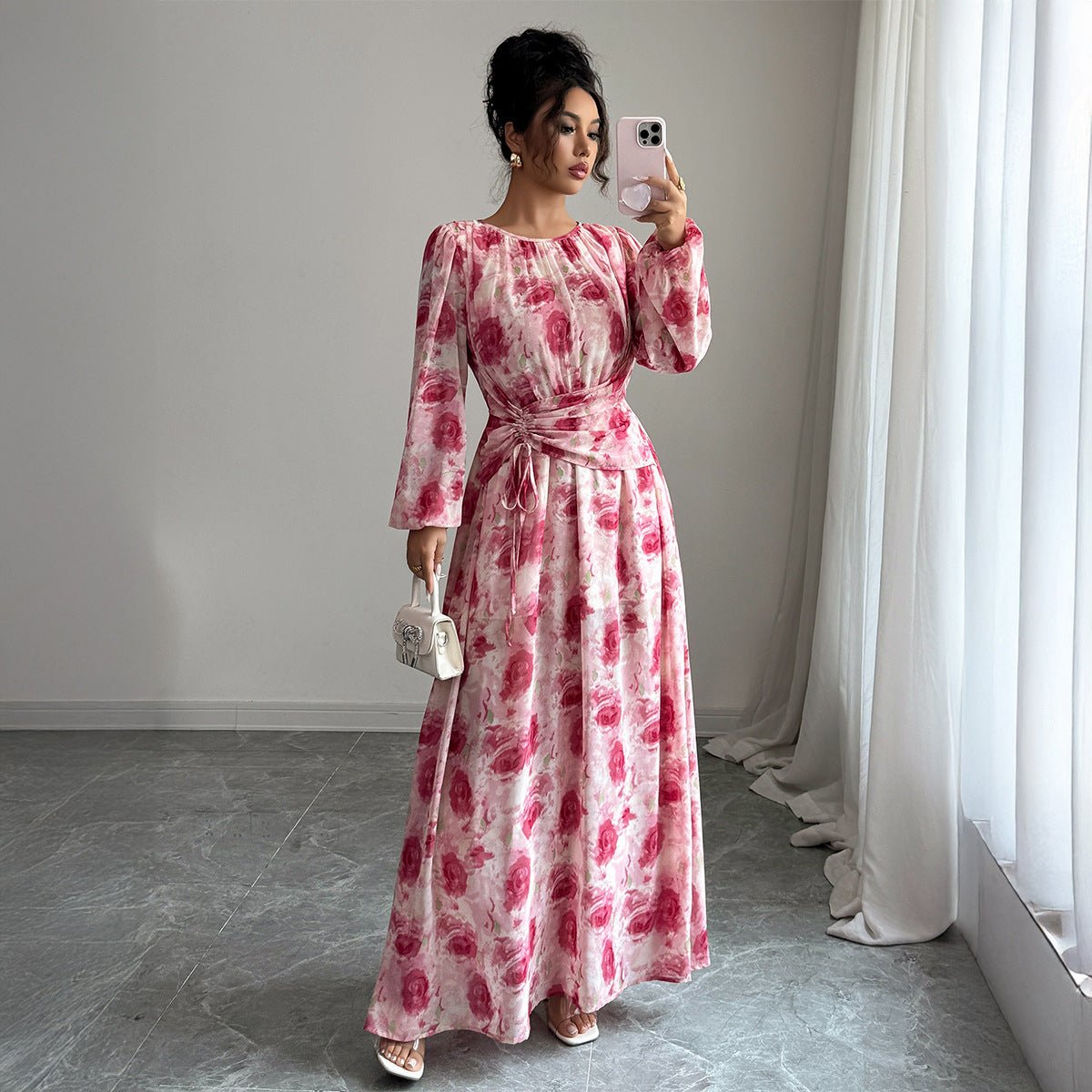 Women’s Floral A - Line Long Dress | Adjustable Waist & Bubble Sleeves – Autumn 2025 Collection - Negative Apparel