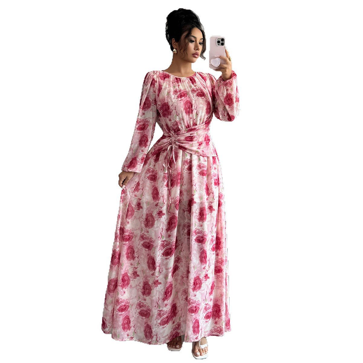 Women’s Floral A - Line Long Dress | Adjustable Waist & Bubble Sleeves – Autumn 2025 Collection - Negative Apparel