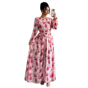 Women’s Floral A - Line Long Dress | Adjustable Waist & Bubble Sleeves – Autumn 2025 Collection - Negative Apparel