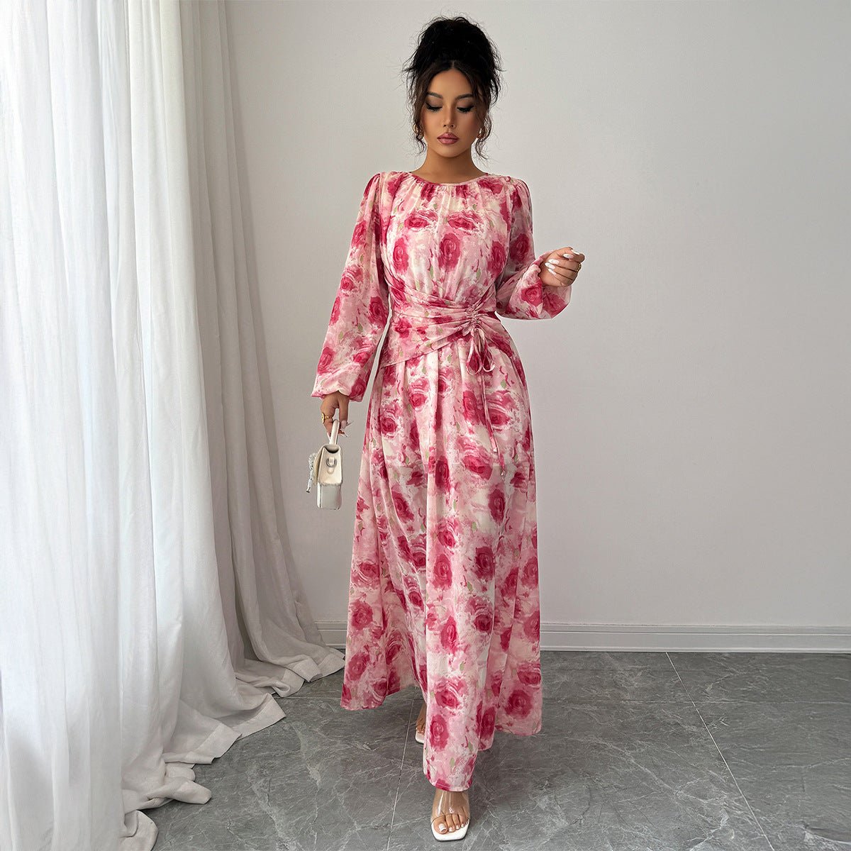 Women’s Floral A - Line Long Dress | Adjustable Waist & Bubble Sleeves – Autumn 2025 Collection - Negative Apparel