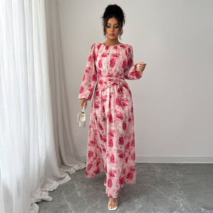 Women’s Floral A - Line Long Dress | Adjustable Waist & Bubble Sleeves – Autumn 2025 Collection - Negative Apparel