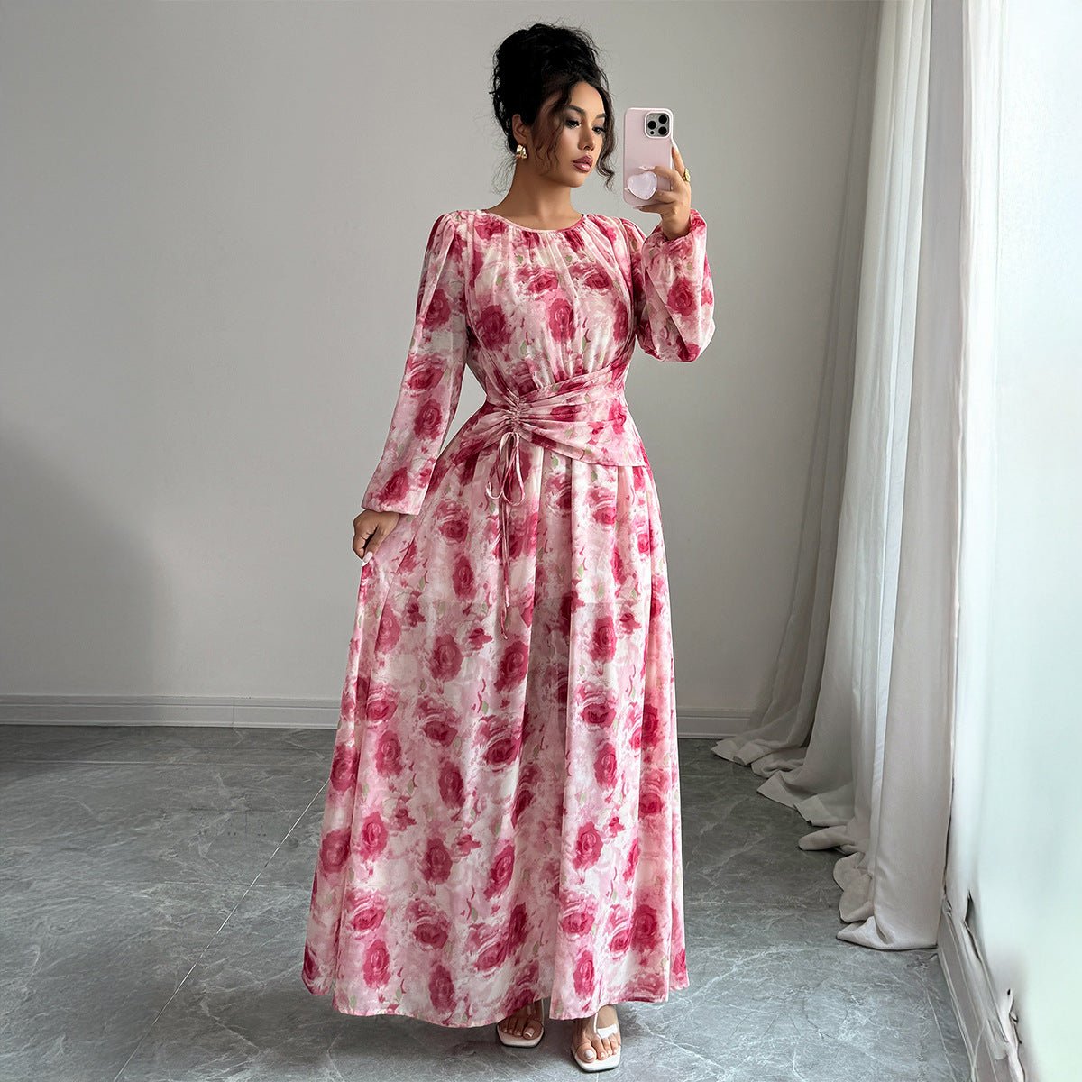 Women’s Floral A - Line Long Dress | Adjustable Waist & Bubble Sleeves – Autumn 2025 Collection - Negative Apparel