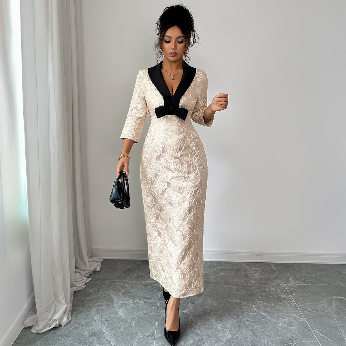 Women’s Floral Print Deep V - Neck Long Dress | Elegant High - Waist A - Line – Winters 2025 - Negative Apparel