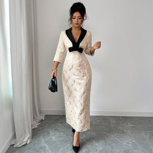 Women’s Floral Print Deep V - Neck Long Dress | Elegant High - Waist A - Line – Winters 2025 - Negative Apparel