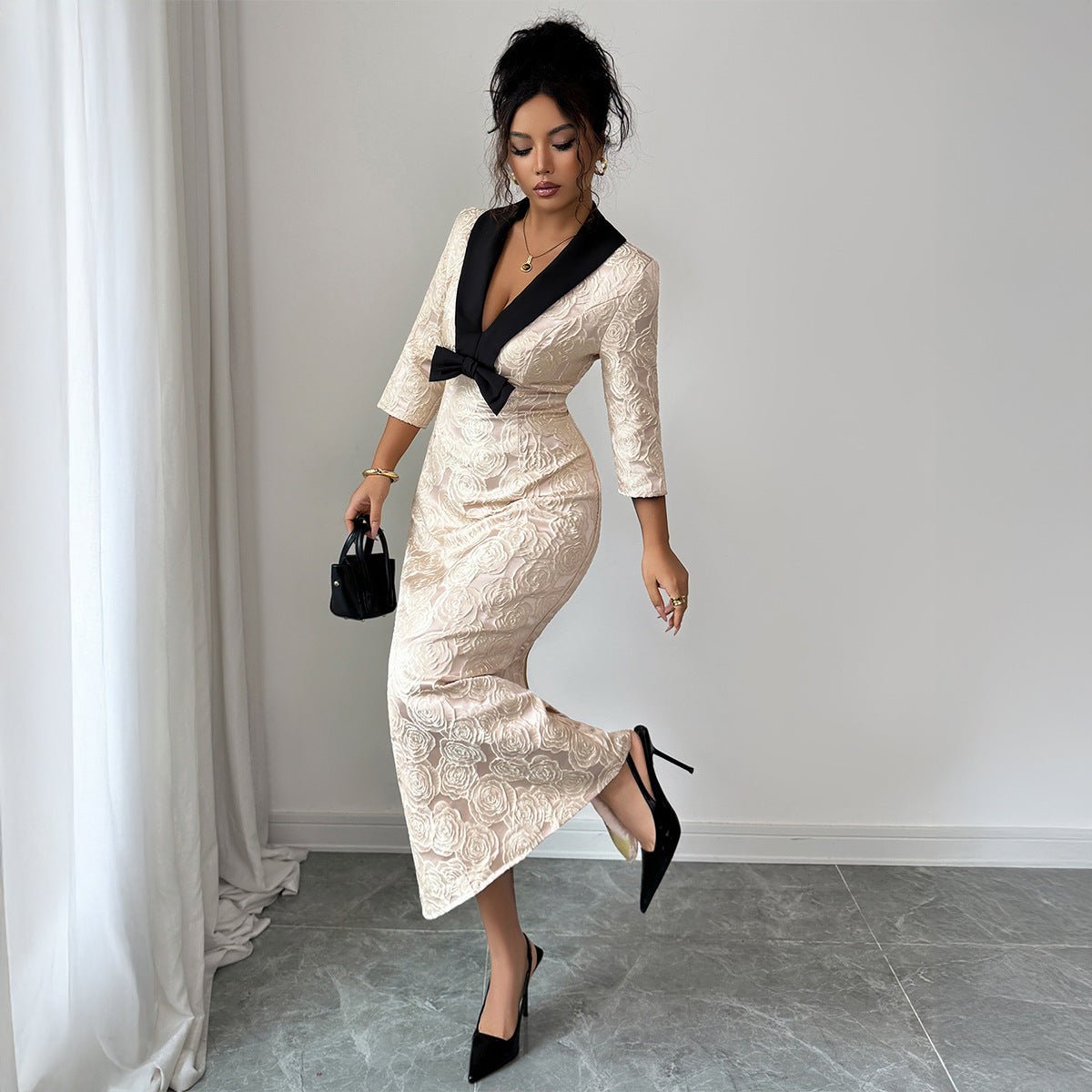 Women’s Floral Print Deep V - Neck Long Dress | Elegant High - Waist A - Line – Winters 2025 - Negative Apparel