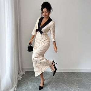 Women’s Floral Print Deep V - Neck Long Dress | Elegant High - Waist A - Line – Winters 2025 - Negative Apparel