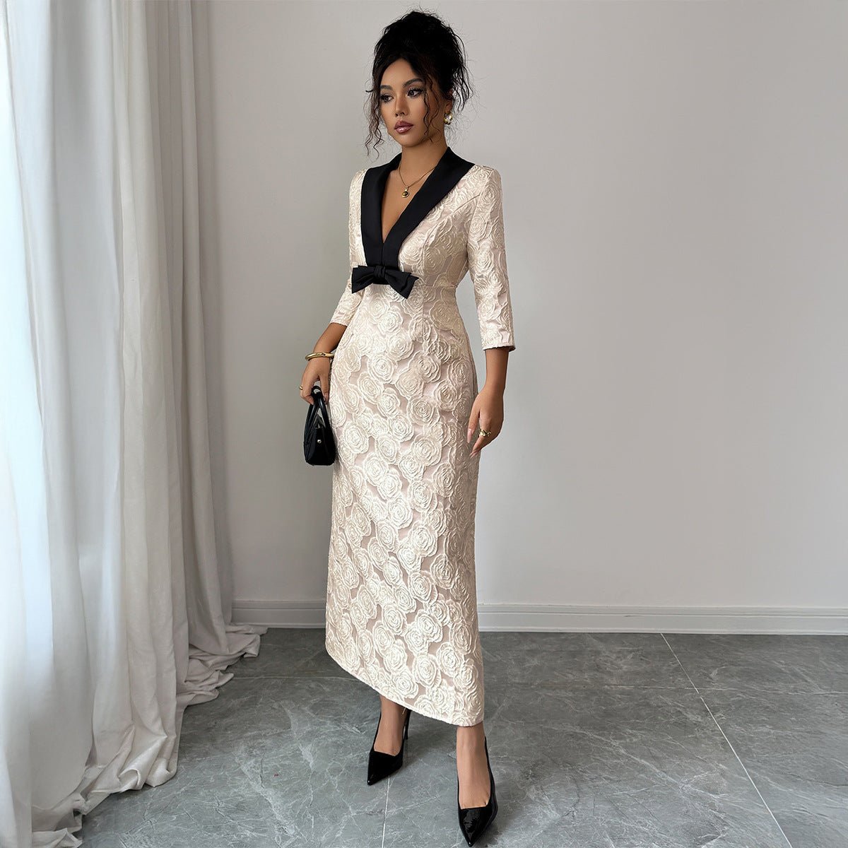 Women’s Floral Print Deep V - Neck Long Dress | Elegant High - Waist A - Line – Winters 2025 - Negative Apparel