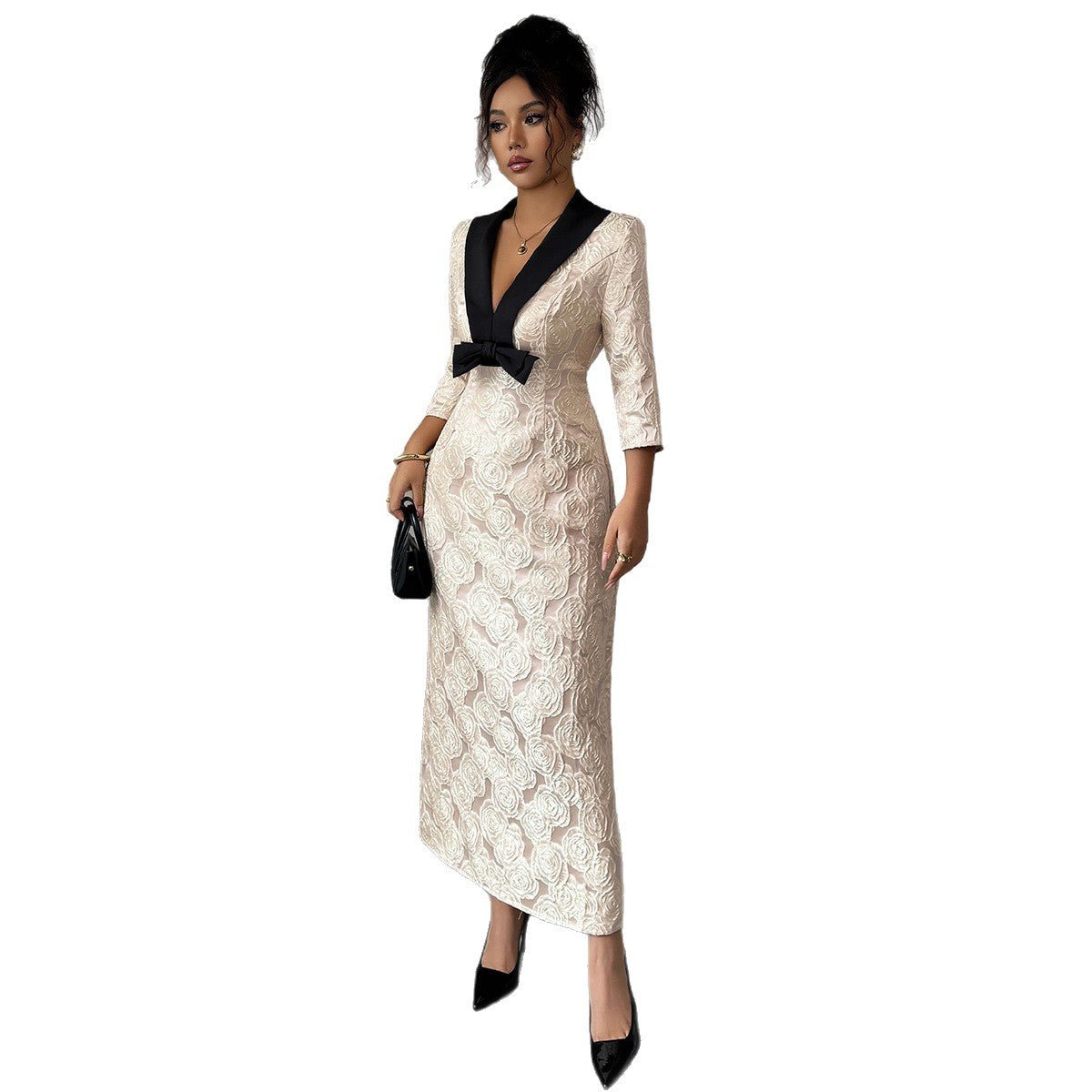 Women’s Floral Print Deep V - Neck Long Dress | Elegant High - Waist A - Line – Winters 2025 - Negative Apparel