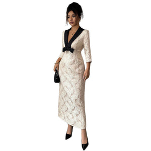 Women’s Floral Print Deep V - Neck Long Dress | Elegant High - Waist A - Line – Winters 2025 - Negative Apparel