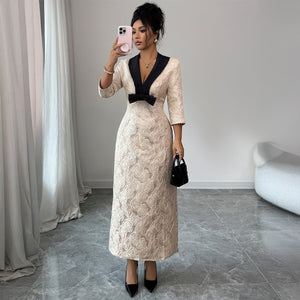 Women’s Floral Print Deep V - Neck Long Dress | Elegant High - Waist A - Line – Winters 2025 - Negative Apparel