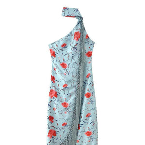 Women’s Floral Printed Irregular Dress – Sleeveless High - Waist Summer Dress with Scarf Collar & Fringe Hem | Celebrity Elegant Style - Negative Apparel