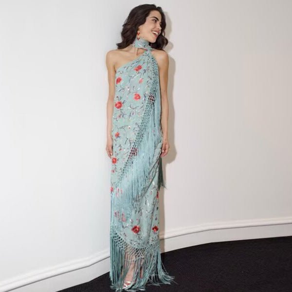 Women’s Floral Printed Irregular Dress – Sleeveless High - Waist Summer Dress with Scarf Collar & Fringe Hem | Celebrity Elegant Style - Negative Apparel