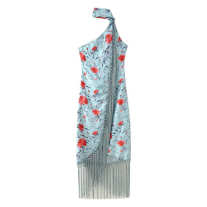 Women’s Floral Printed Irregular Dress – Sleeveless High - Waist Summer Dress with Scarf Collar & Fringe Hem | Celebrity Elegant Style - Negative Apparel