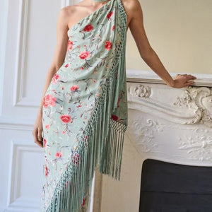 Women’s Floral Printed Irregular Dress – Sleeveless High - Waist Summer Dress with Scarf Collar & Fringe Hem | Celebrity Elegant Style - Negative Apparel