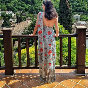 Women’s Floral Printed Irregular Dress – Sleeveless High - Waist Summer Dress with Scarf Collar & Fringe Hem | Celebrity Elegant Style - Negative Apparel