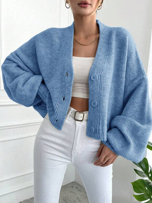 Women’s Flower Clip V - Neck Lantern Sleeve Cardigan Sweater – Thick Loose Fit Retro Knitwear, Autumn 2025 Collection - Negative Apparel