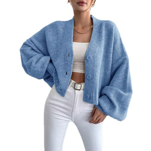 Women’s Flower Clip V - Neck Lantern Sleeve Cardigan Sweater – Thick Loose Fit Retro Knitwear, Autumn 2025 Collection - Negative Apparel