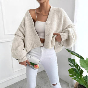 Women’s Flower Clip V - Neck Lantern Sleeve Cardigan Sweater – Thick Loose Fit Retro Knitwear, Autumn 2025 Collection - Negative Apparel