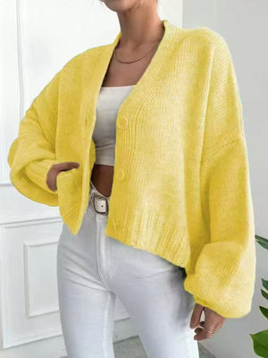 Women’s Flower Clip V - Neck Lantern Sleeve Cardigan Sweater – Thick Loose Fit Retro Knitwear, Autumn 2025 Collection - Negative Apparel