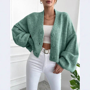 Women’s Flower Clip V - Neck Lantern Sleeve Cardigan Sweater – Thick Loose Fit Retro Knitwear, Autumn 2025 Collection - Negative Apparel