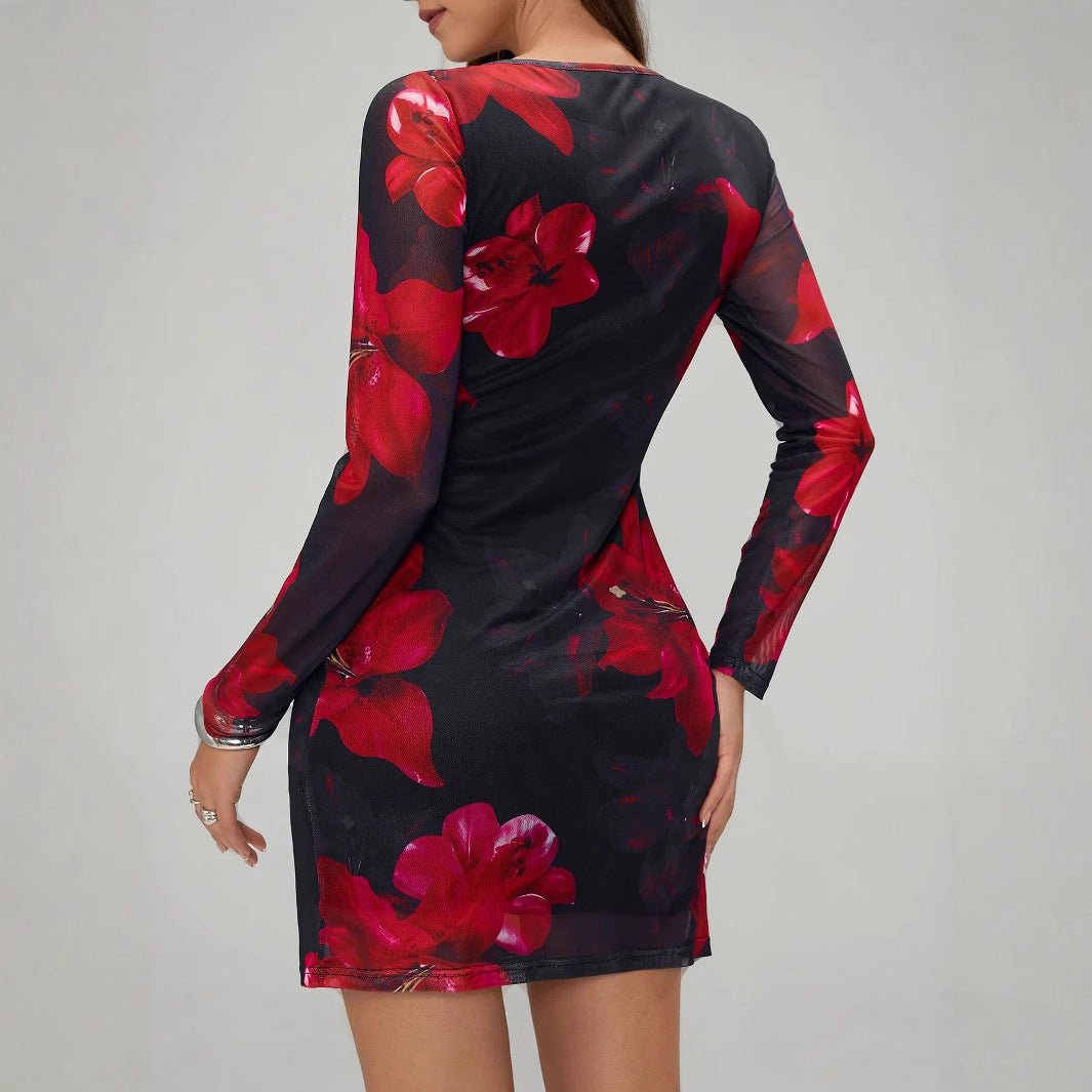 Women's flower printing crew neck mesh slim - fitting long - sleeved dress - Negative Apparel