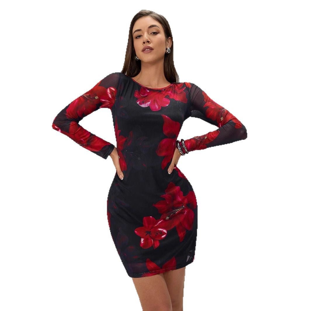 Women's flower printing crew neck mesh slim - fitting long - sleeved dress - Negative Apparel