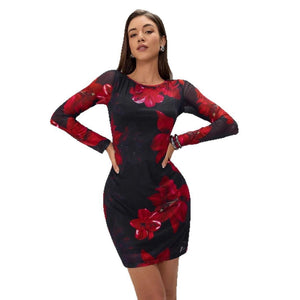 Women's flower printing crew neck mesh slim - fitting long - sleeved dress - Negative Apparel