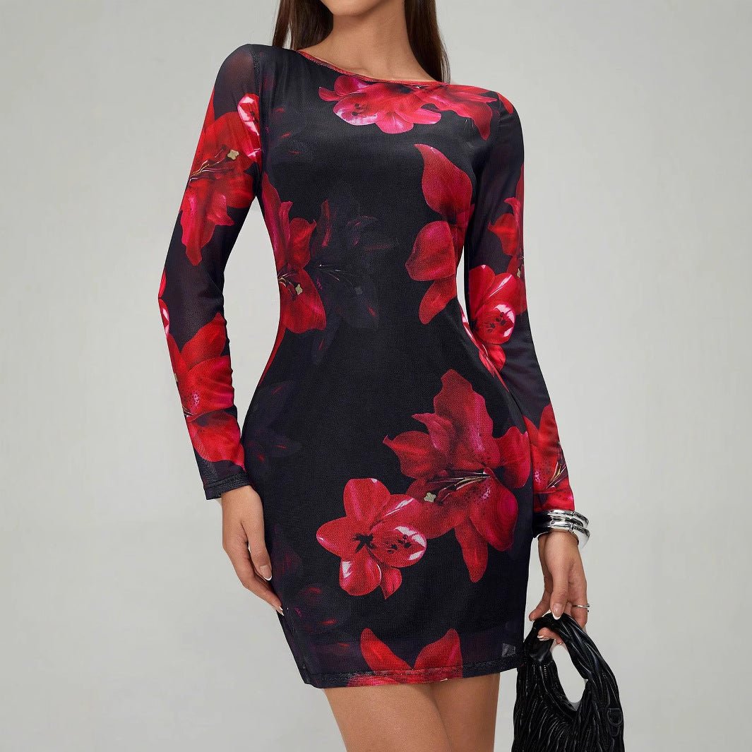 Women's flower printing crew neck mesh slim - fitting long - sleeved dress - Negative Apparel