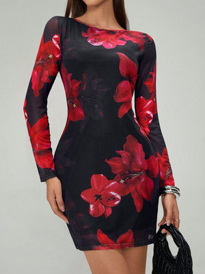 Women's flower printing crew neck mesh slim - fitting long - sleeved dress - Negative Apparel