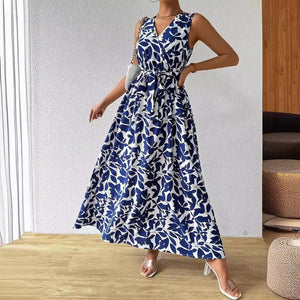 Women's French holiday style printed V - neck lace - up super long dress - Negative Apparel