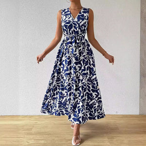 Women's French holiday style printed V - neck lace - up super long dress - Negative Apparel