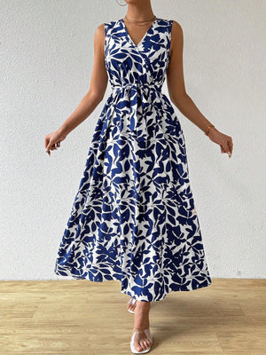 Women's French holiday style printed V - neck lace - up super long dress - Negative Apparel