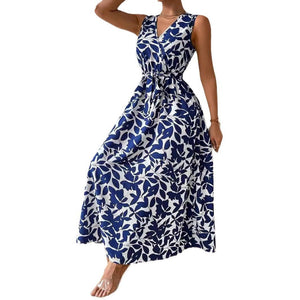 Women's French holiday style printed V - neck lace - up super long dress - Negative Apparel