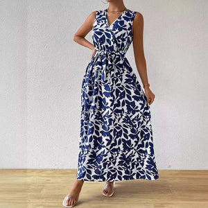 Women's French holiday style printed V - neck lace - up super long dress - Negative Apparel