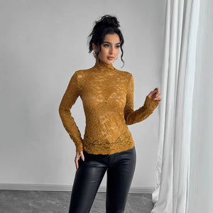 Women's French lace long - sleeved elastic turtleneck T-shirt top women - Negative Apparel
