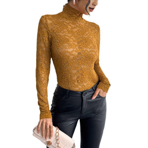 Women's French lace long - sleeved elastic turtleneck T-shirt top women - Negative Apparel