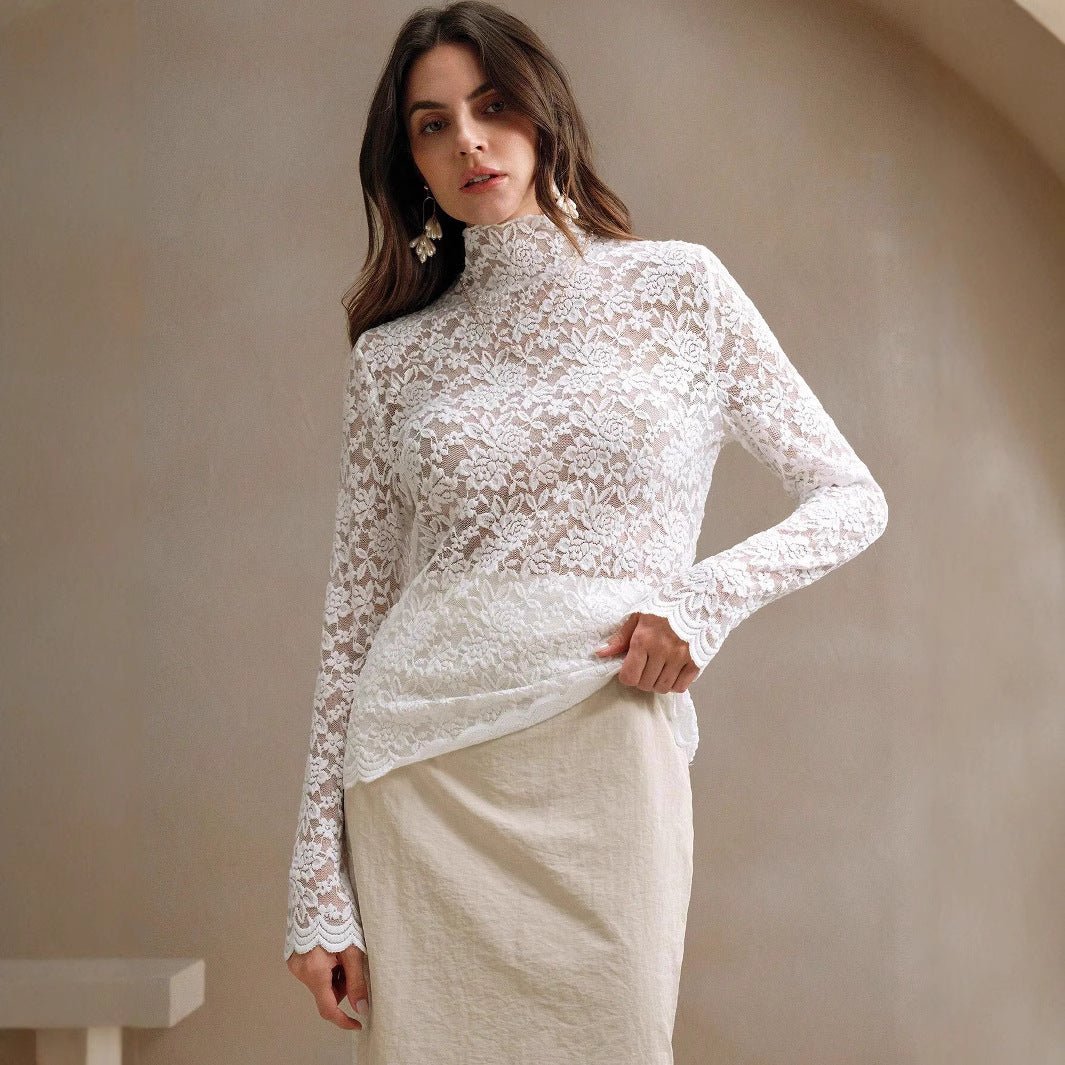 Women's French lace long - sleeved elastic turtleneck T-shirt top women - Negative Apparel