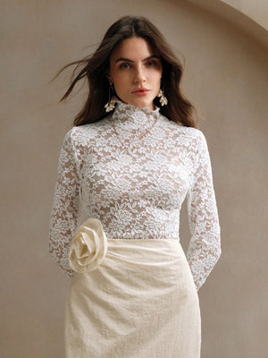 Women's French lace long - sleeved elastic turtleneck T-shirt top women - Negative Apparel