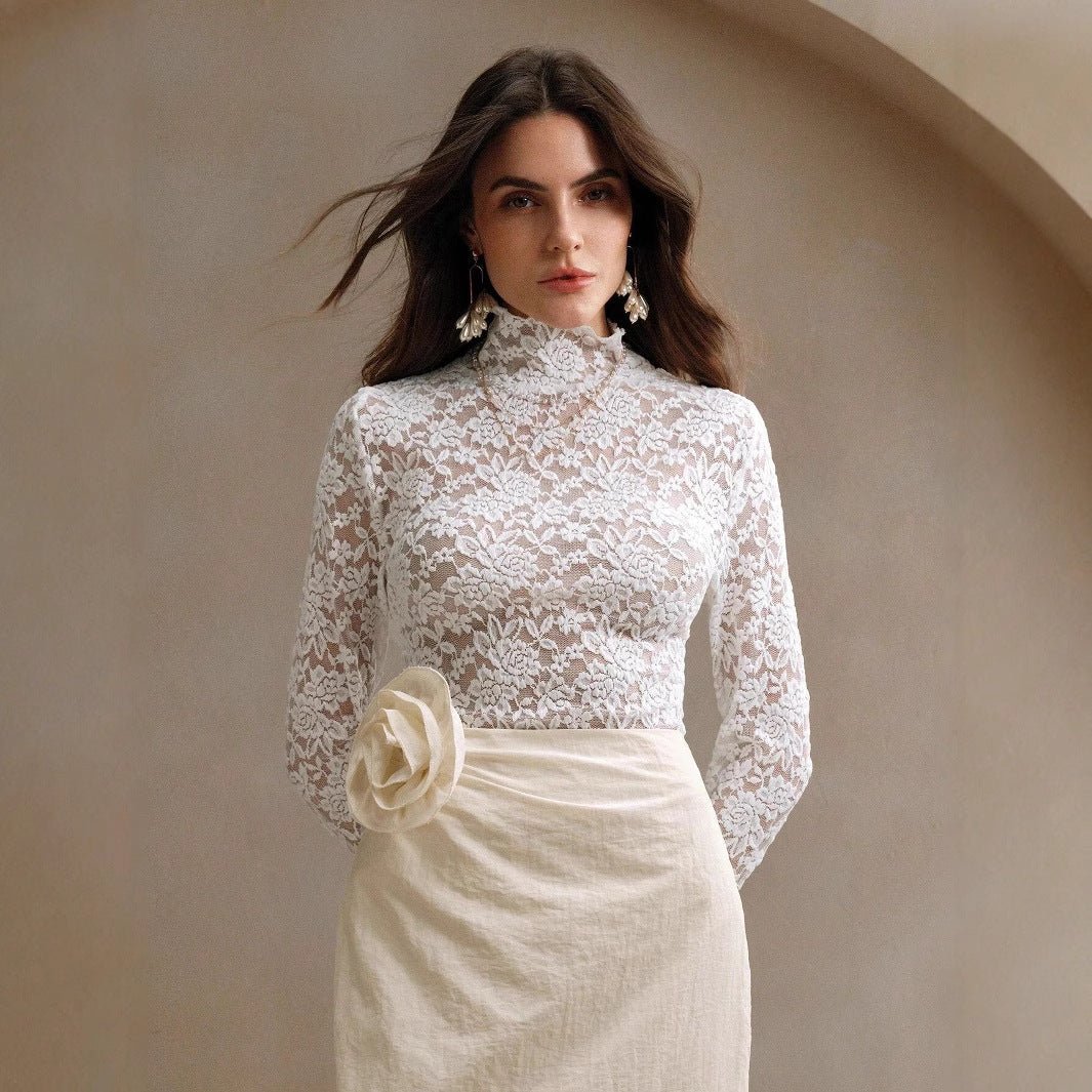 Women's French lace long - sleeved elastic turtleneck T-shirt top women - Negative Apparel