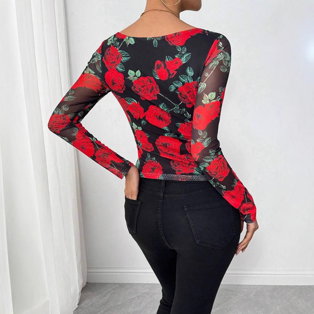 Women's French romantic rose flower mesh printing sexy U - neck T-shirt - Negative Apparel