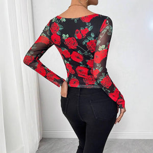 Women's French romantic rose flower mesh printing sexy U - neck T-shirt - Negative Apparel